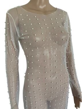 Pearl Rhinestone Mesh Sheer Long Dress Beaded  Maxi Ibiza Glam Cover Up Dresses